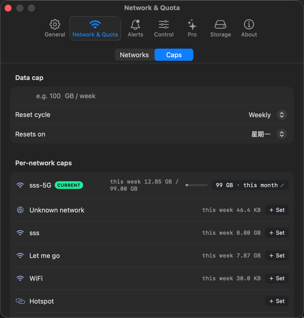 Bytetally data cap and per-Wi-Fi budget settings